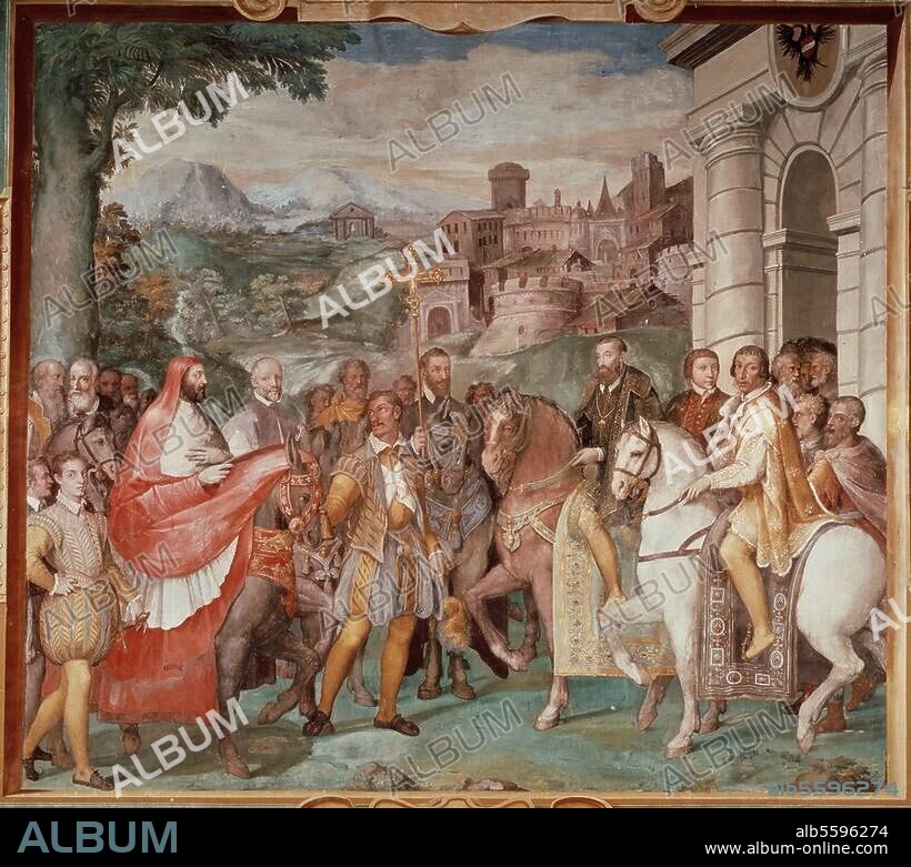 Karl V., röm.-dt. Kaiser u. König v. Spanien; 1500-1558. "Karl V. empfängt Alessandro Farnese in Worms". (Reichstag in Worms, Frühjahr 1545 trifft Kardinal Alessandro Farnese als Beauftragter Papst Pauls III. in Worms ein). Fresko, 1559, von Taddeo Zuccari (1529-1566). Caprarola, Palazzo Farnese.