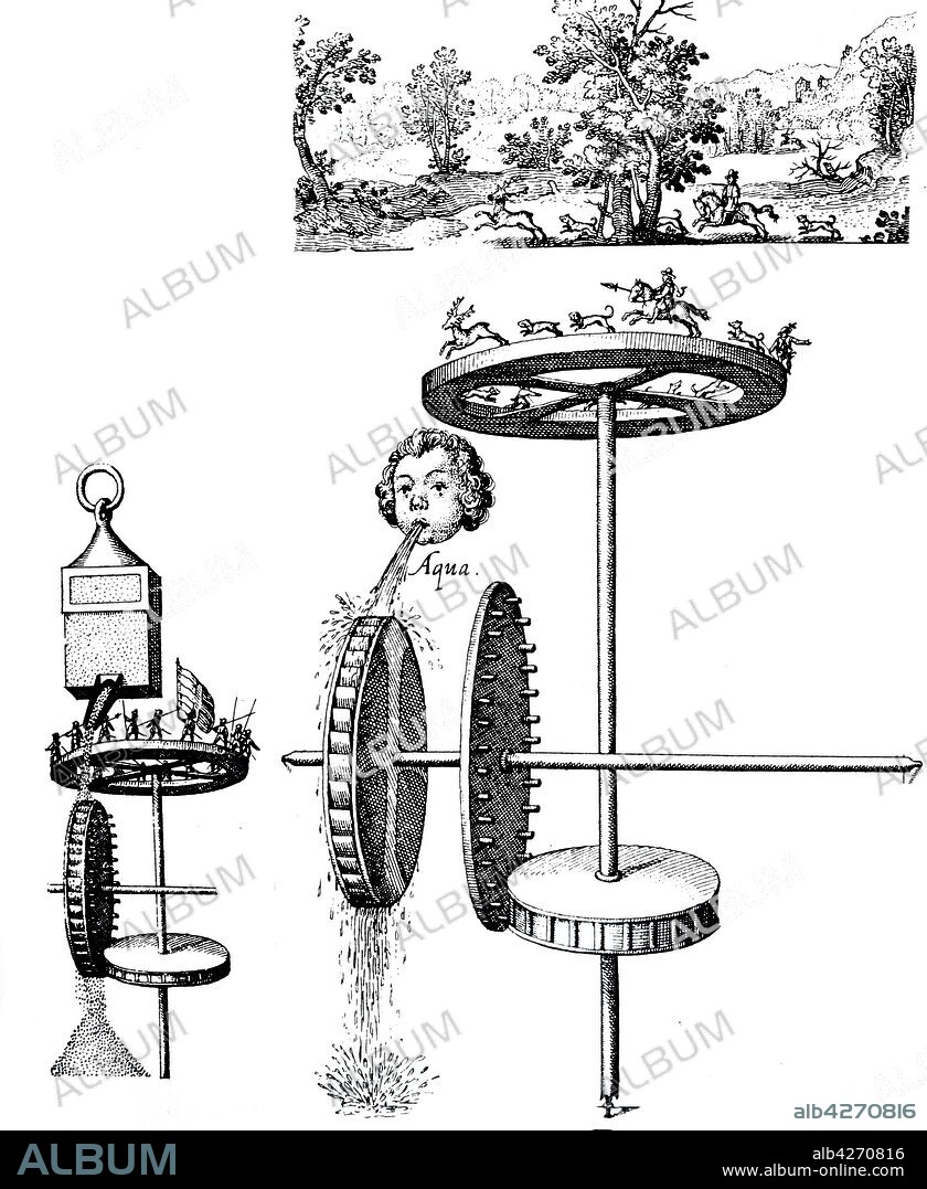 Mechanical Automata devices for rotating movements, within a diorama.  illustration from Fludd's 'Utriusque Cosmi, Maioris' 1617-1621. Robert Fludd, also known as Robertus de Fluctibus (1574 – 1637), was a prominent English Paracelsian physician with both scientific and occult interests.
