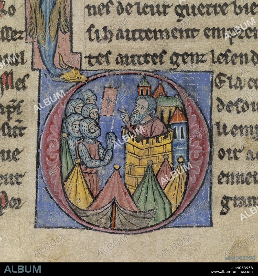 Siege of Nicaea. History of the Crusades. France; between 1250 and 1259. [Miniature only] Book III. Initial 'O'; a bearded man in a tower speaks to knights in armour, one of whom holds their banner, a white cross on a red background. With tents in the foreground. Nicaea was captured from the Turks by the crusaders, under Godfrey de Bouillon, Bohemund of Taranto and Adhemar le Puy, after the siege in 19 June 1097 during the First Crusade  Image taken from History of the Crusades.  Originally published/produced in France; between 1250 and 1259. . Source: Yates Thompson 12 , f.13v. Language: French.