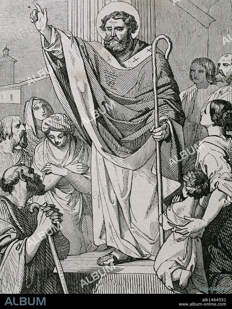 SAN PRUDENCIO GALINDO (? -861). Prelado y teólogo español. Huyó a Francia en el año 827, con la invasión musulmana de la península. Fue consejero y capellán de Ludovico Pío y Carlos el Cavo, y Obispo de Troyes desde el 848. S. IX. Grabado.