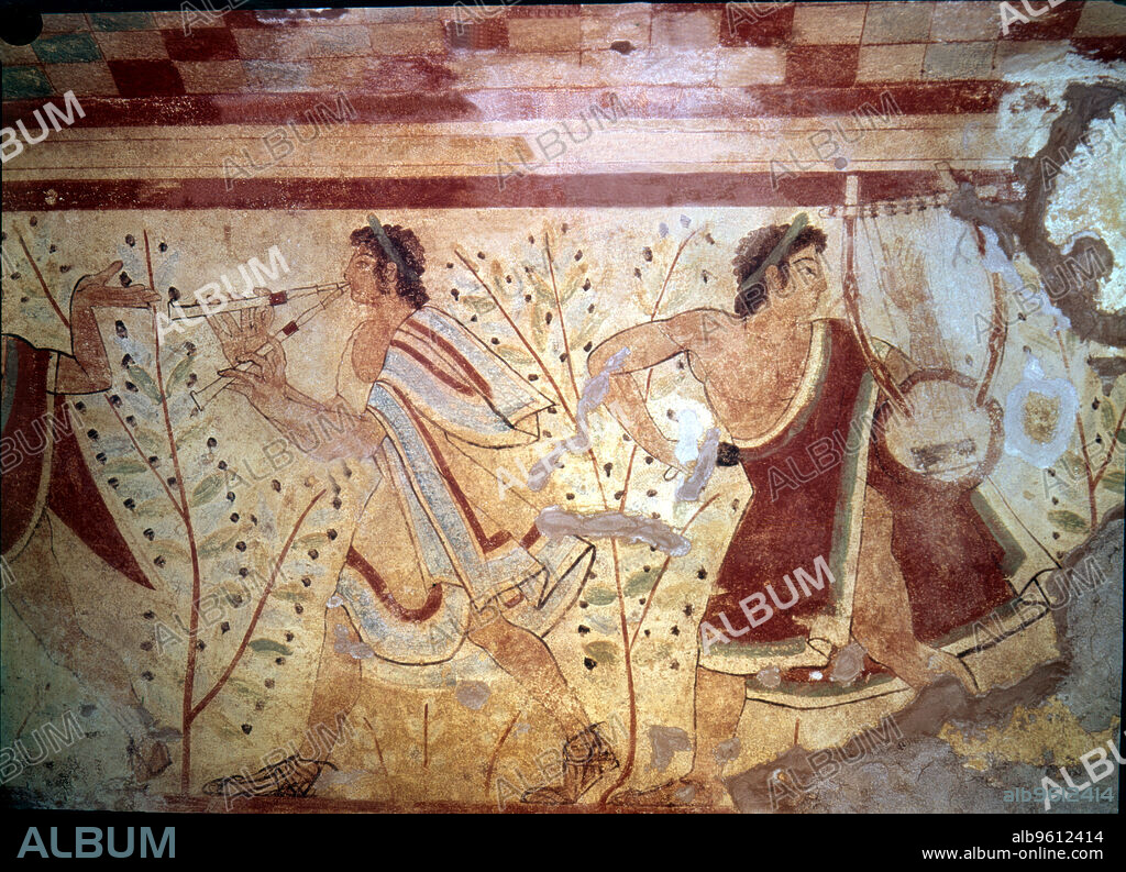 Burial chamber of the necropolis of Tarquinia, mural painting with the representation of two musicians.