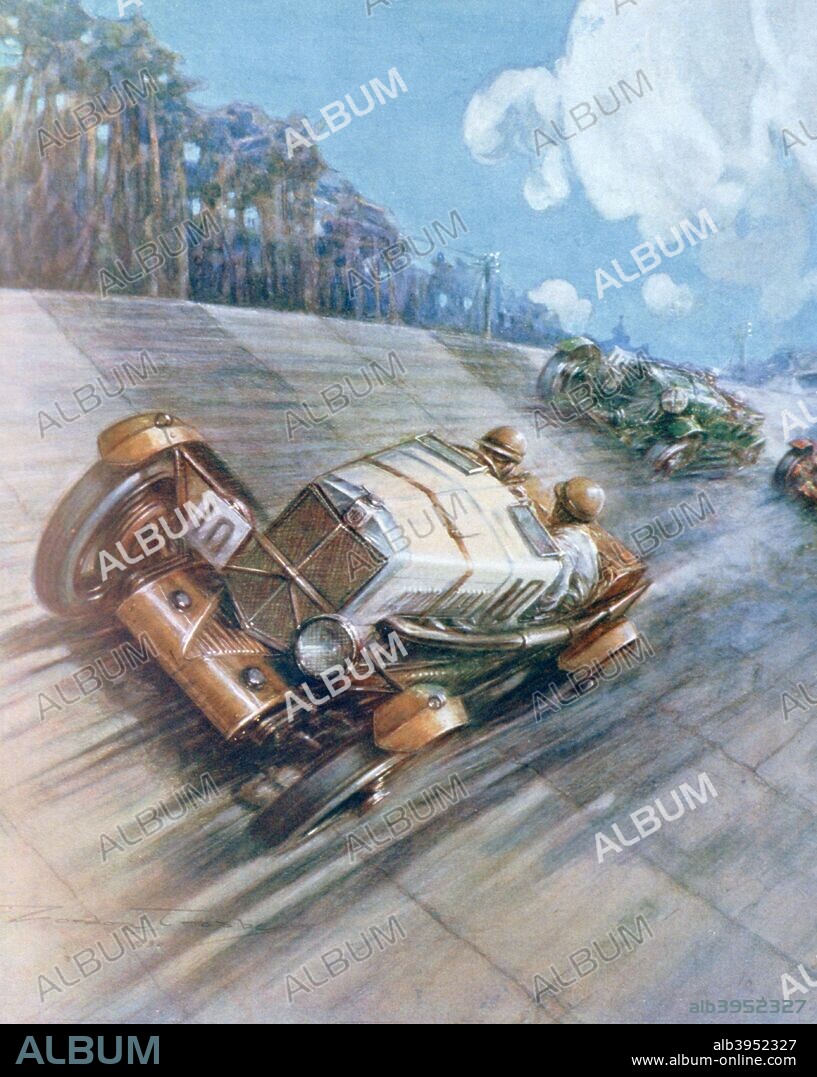Motor racing, 1930. An MG on a banked section of track, possibly at Brooklands.