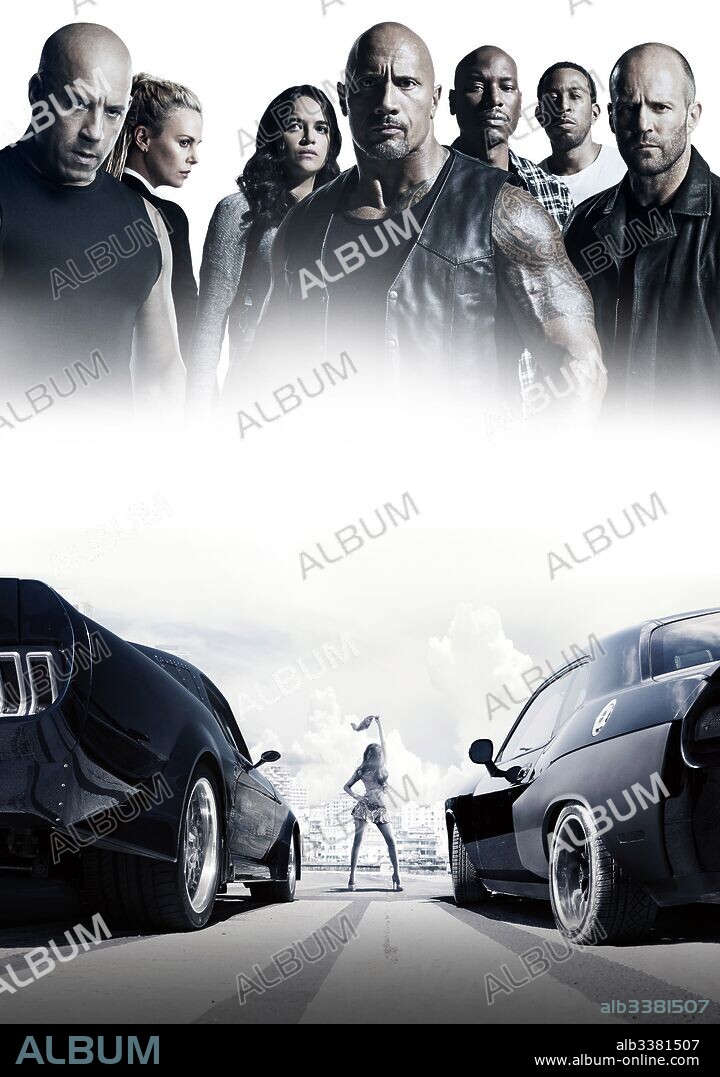 CHRIS "LUDACRIS" BRIDGES, VIN DIESEL, TYRESE GIBSON, MICHELLE RODRIGUEZ, JASON STATHAM et CHARLIZE THERON. CHARLIZE THERON, JASON STATHAM, LUDACRIS, MICHELLE RODRIGUEZ, TYRESE GIBSON et VIN DIESEL dans FAST & FURIOUS 8, 2017, réalisé par F. GARY GRAY. Copyright ITACA FILMS/ONE RACE FILMS/ORIGINAL FILM.