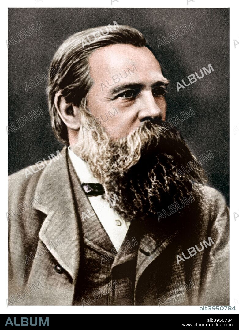 Friedrich Engels, German socialist and collaborator and supporter of Karl Marx, 1879. Engels lived mainly in England from 1842. He co-operated with Marx on the writing of the Communist Manifesto (1848).  (Colorised black and white print).