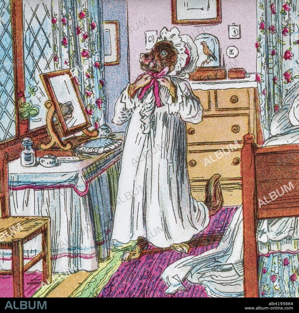 Coloured illustration in a child's storybook, Little Red Riding Hood, with the big bad wolf in Grandmother's house getting dressed in her nightgown.
