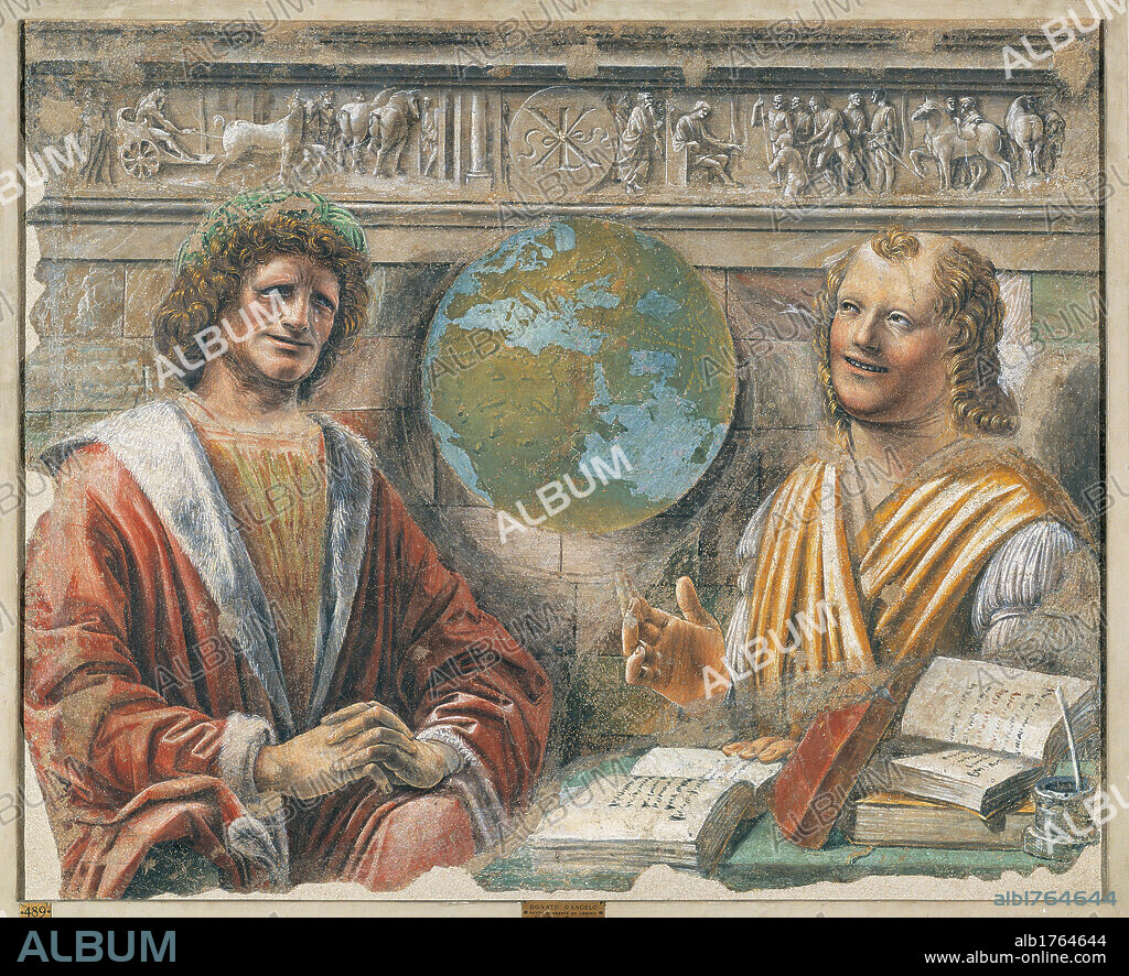 Heraclitus and Democritus, by Donato di Pascuccio di Antonio known as Bramante, 1487 about, 15th Century, fresco torn down, cm 102 x 127. Italy, Lombardy, Milan, Brera Art Gallery. All. Fragment. Ancient philosophers. Heraclitus is wearing a fur trimmed red robe cloak mantle and a green headgear over his long curly hair. Democritus is wearing a yellow garment over a white shirt. A globe is at the center. In the background, a tondo with an inscription (LEX) and a carved frieze. Books and ink stand ink pot. Authorization required for non editorial use.