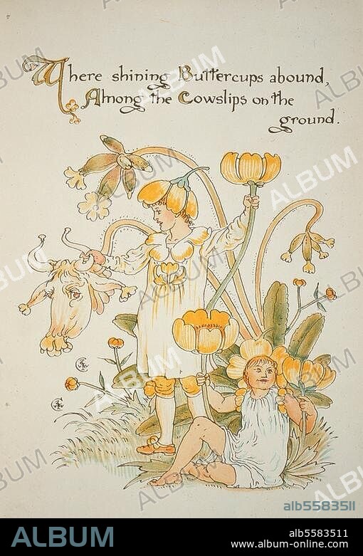 Volksglaube / Blumengeister. "Where shining Buttercups abound / Among the Cowslips on the ground". (Butterblume und Schlüsselblume). Farblithographie nach Zeichnung von Walter Crane (1845-1915). Aus der Serie: Flora's Feast, 1889.