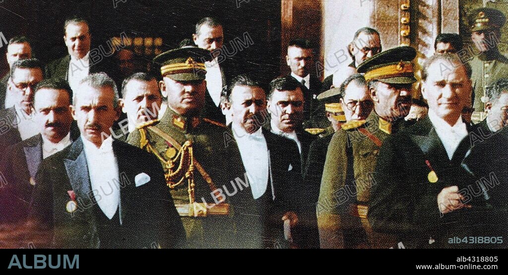 Photograph of Ismet Inonu (left with single medal) and Kemal Ataturk, Right). Mustafa Kemal Ataturk (1881 – 1938), founder of the Republic of Turkey. President from 1923 until his death in 1938. Ideologically a secularist and nationalist, his policies and theories became known as Kemalism. Ismet Inonu Inonu (1938 - 1950) was a Turkish general and statesman, who served as the second President of Turkey from 10 November 1938 to 27 May 1950, and as the first Prime Minister after the declaration of the Republic, serving three terms: from 1923 to 1924, 1925 to 1937, and 1961 to 1965
.