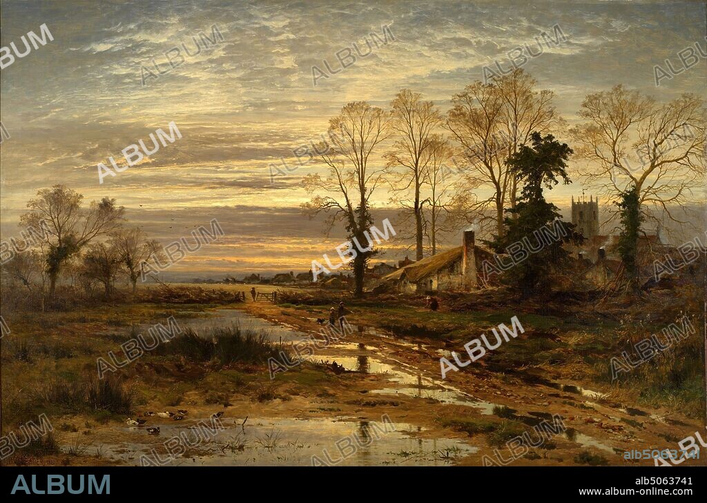 February Fill Dyke, 1881 By Benjamin Williams Leader. The scene is actually a November evening after rain. The title is taken from an old country rhyme; February fill the dyke. Tree, Landscape, Victorian, Oil Painting, Reflection, Season, Winter.