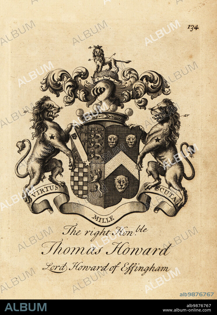 Coat of arms of the Right Honourable Thomas Howard, 2nd Earl of Effingham, Lord Howard of Effingham, 1714-1763. Copperplate engraving by Andrew Johnston after C. Gardiner from Notitia Anglicana, Shewing the Achievements of all the English Nobility, Andrew Johnson, the Strand, London, 1724.