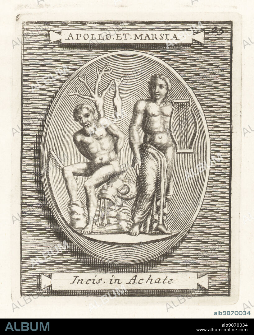 Greek god Apollo with lyre and knife standing next to the satyr Marsyas tied to a tree under a double flute or aulos. Marsyas was flayed alive. Apulu, chthonic sky god, to the Etruscans. From an engraved agate gem. Apollo et Marsia. Incis in Achate. Copperplate engraving from Francesco Valesio, Antonio Gori and Ridolfino Venutis Academia Etrusca, Museum Cortonense in quo Vetera Monumenta, (Etruscan Academy or Museum of Cortona), Faustus Amideus, Rome, 1750.