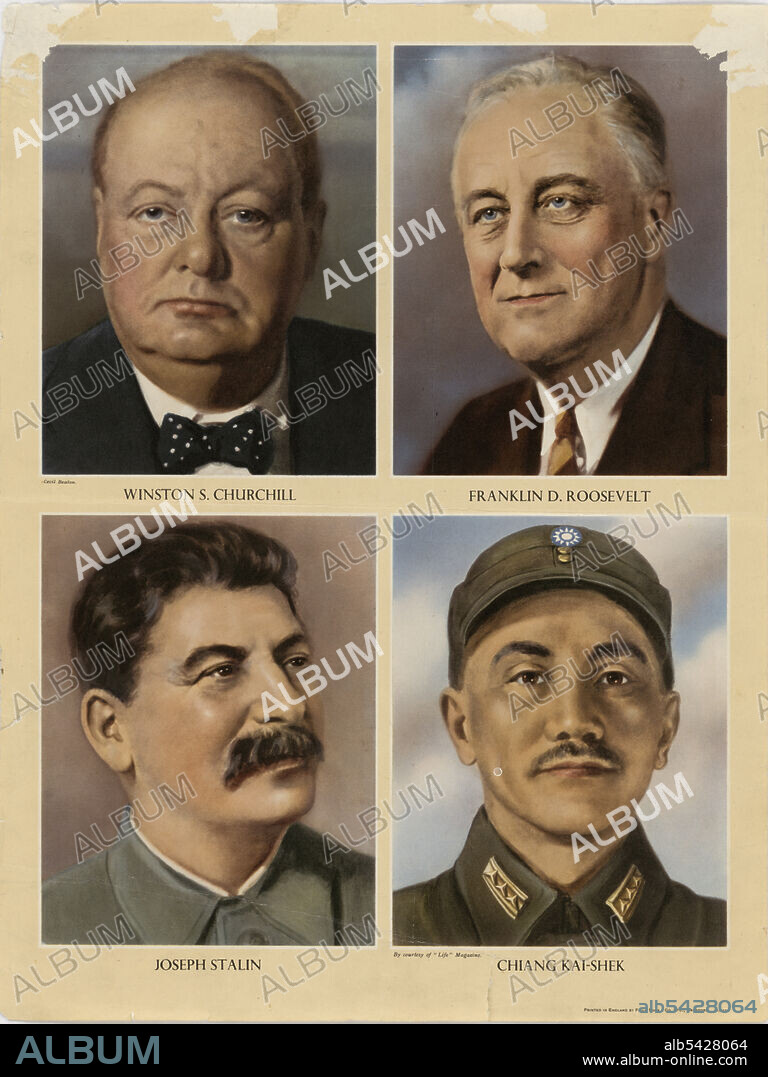 World War II-era poster with illustrations of the four major Allied leaders.Top row left to right: British Prime Minister Winston Churchill and US President Franklin D Roosevelt; bottom row left to right: Premier Joseph Stalin of the Soviet Union and Generalissimo Chiang Kai-Shek of China, no location, circa 1943. (Poster by Office of War Information/GG Vintage Images).