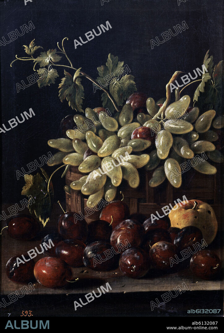 LUIS MELENDEZ. 'Bodegón con ciruelas, cesta de uvas y manzana', 1762, Oil on canvas, 48 x 34,5 cm, P00935.