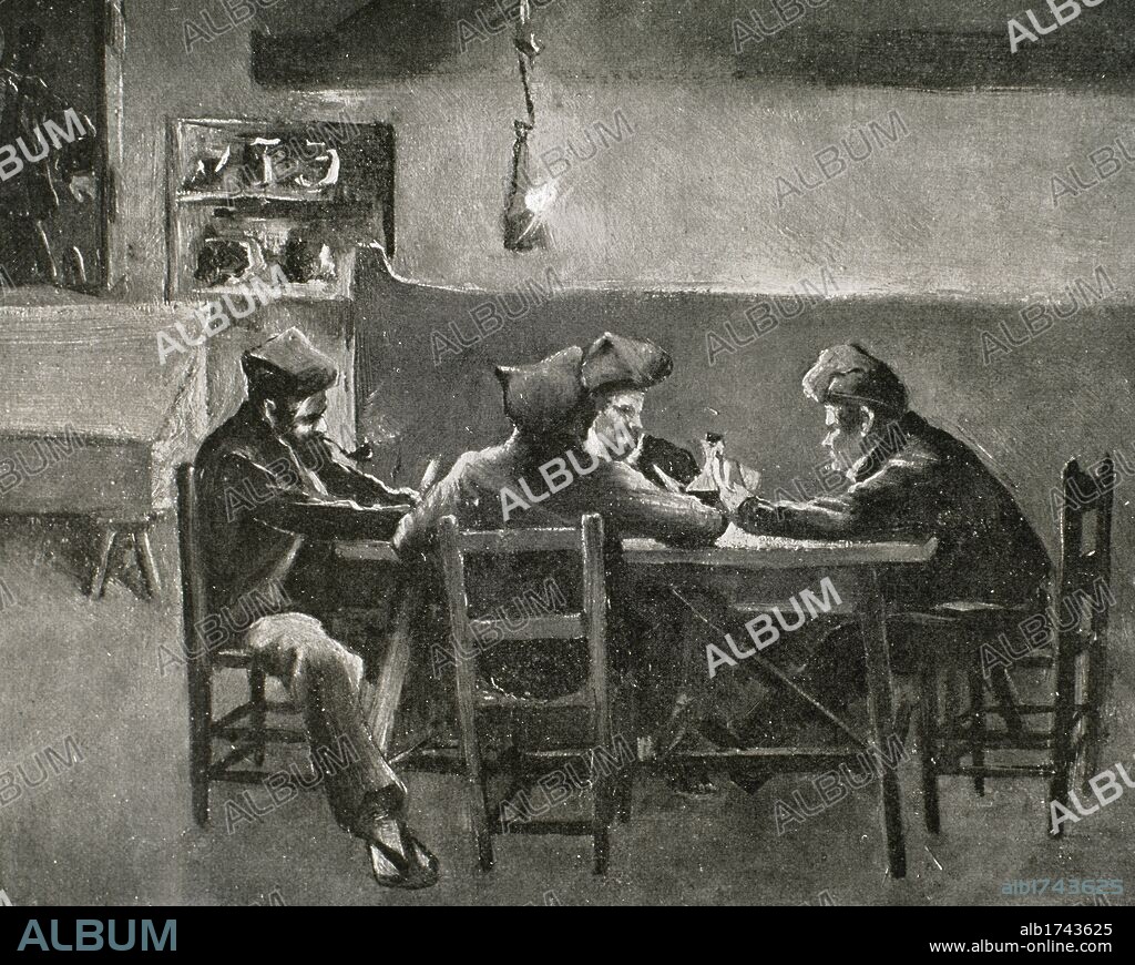 "LA PUNYALADA". Novela de costumbres montañesas de Marià Vayreda (Olot,1853-Barcelona,1903). Ilustración de Josep Berga y J. Berga Boada. "La Ilustració Catalana", 1903. Grabado.