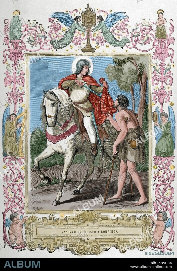 Saint Martin of Braga (520-580). Archbishop of Bracara Augusta i Gallaecia (now Braga, Portugal). St. Martin sharing his cloak with a beggar. Engraving by Cibera. Ano Cristiano. 1853. Colored.