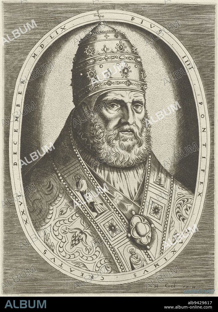 Portrait of Pope Pius IV dressed in the papal robe, head adorned with the papal tiara. Bust to right in oval frame with edge lettering in Latin, Portrait of Pope Pius IV Portraits of Kings, Queens, Princes and Princesses (series title), print maker: Frans Huys, publisher: Hieronymus Cock, (mentioned on object), Antwerp, 1559 - 1562, paper, engraving, h 202 mm × w 148 mm.