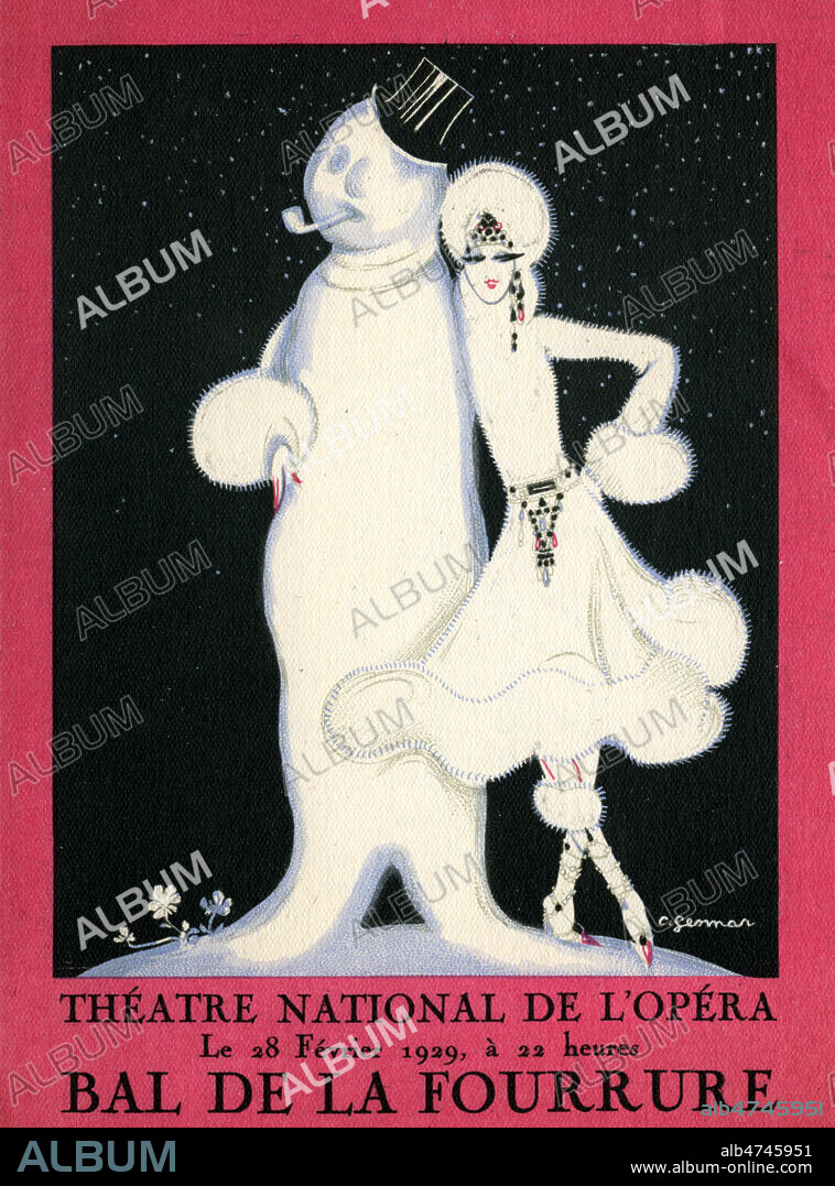 Femme en manteau de fourrure accompagnee par un bonhomme de neige. Publicite pour le 'Bal de la fourrure' donne au Theatre national de l'Opera en 1929. Illustration par GESMAR (1900-1928). Credit : Collection IM/KHARBINE-TAPABOR.