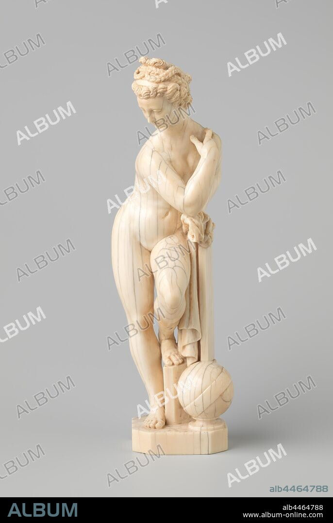 Astronomy, Venus Urania, Standing young woman in contrapposto, with left leg raised, leaning on a beveled triangular block, next to it a globe and on the block a large shelf on which the woman leans with her left hand. Around it a drapery. Her right hand rests on her left shoulder, the head is turned to the right. The whole stands on an integral square base with angled corners. The statue goes back to Giambologna's Bronze Astronomy (or: Venus Urania, ca. 1575, original 38.8 cm high, anonymous, Dieppe, 1700 - 1900, ivory, h 30 cm w 7.2 cm × d 5.8 cm.