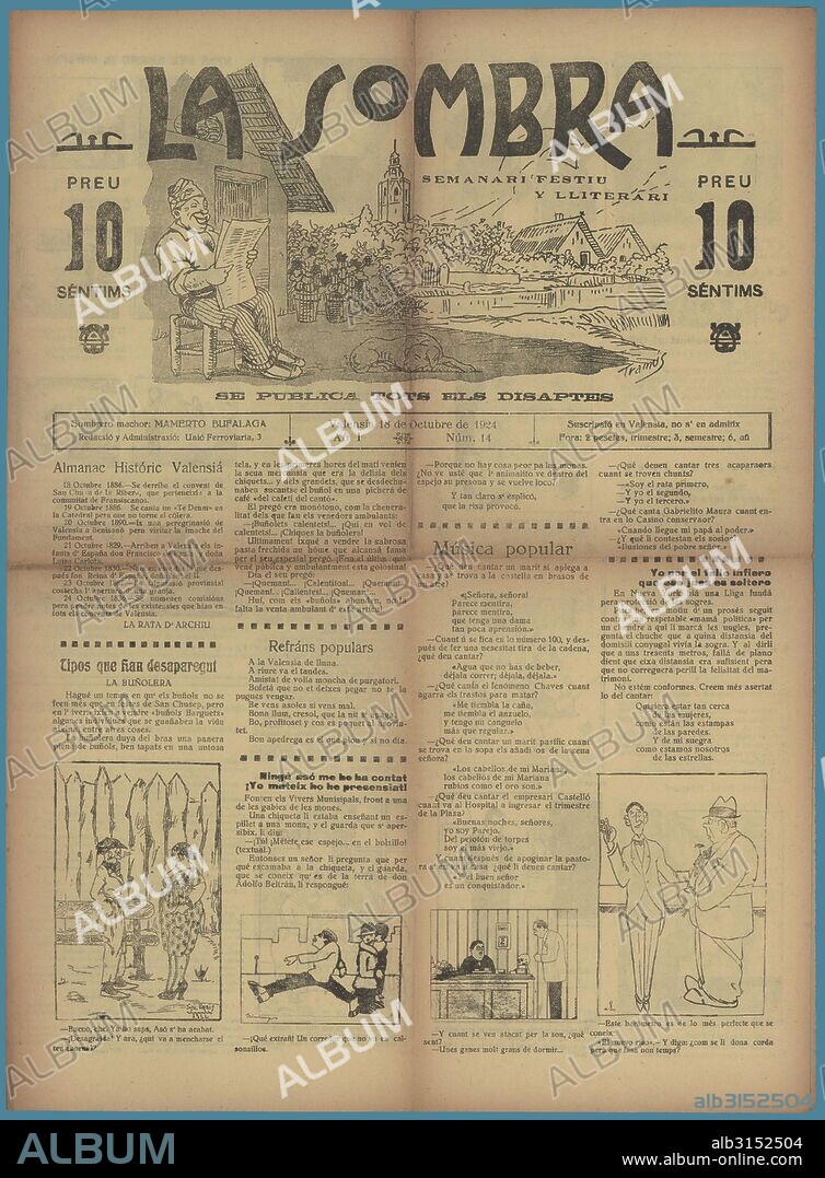 Portada del semanario festivo y literario La Sombra. Un campesino de la huerta valenciana leyendo la revista sentado a la puerta de una barraca. Valencia, octubre de 1924.