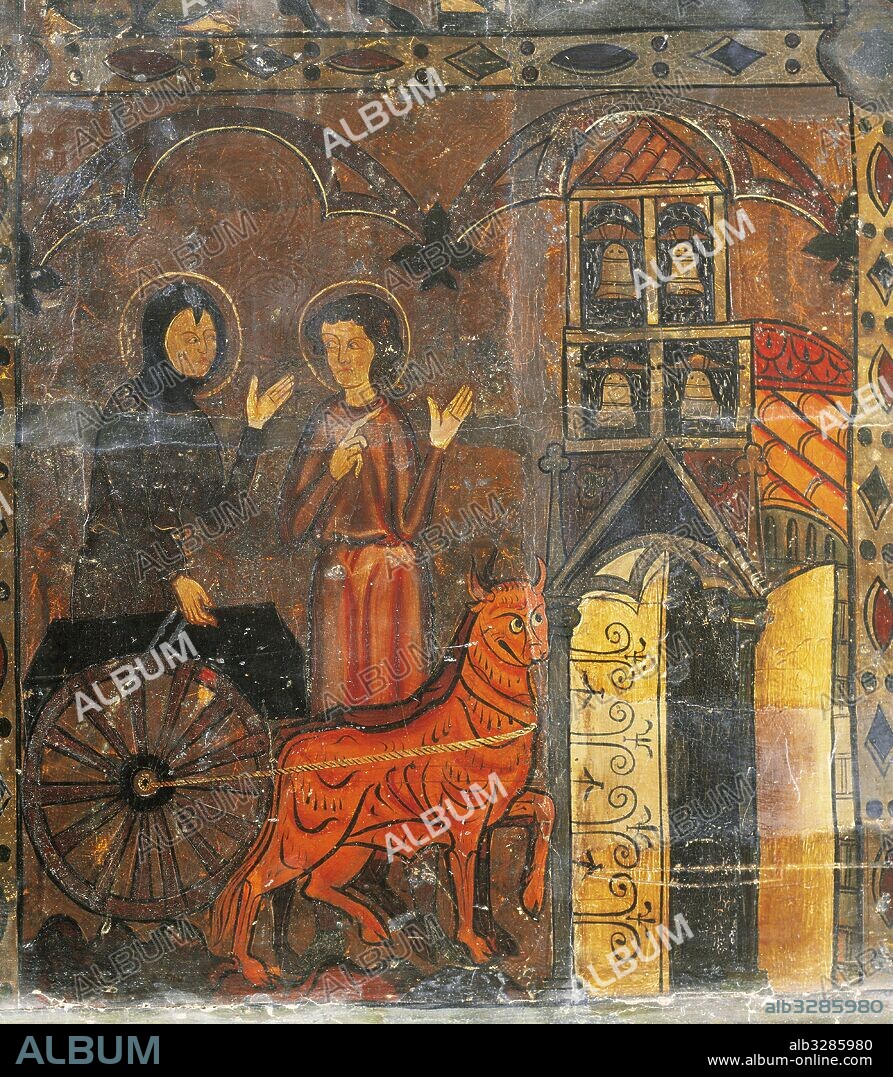 Fragmento del Retablo de Sant Jaume de Frontanyà. Pintura al temple sobre tabla. Tamaño: 53 x 208 x 4 cm. Primer tercio del siglo XIV, procede de la iglesia de Sant Jaume de Frontanyà (comarca de El Berguedà). Escenas de la vida y martirio de San Jaime, según la "Leyenda de Oro" de Jaume de Voragine. Panel que representa a la reina Lupa y el carro con los restos del santo. Museu Diocesà i Comarcal de Solsona. Cataluña.