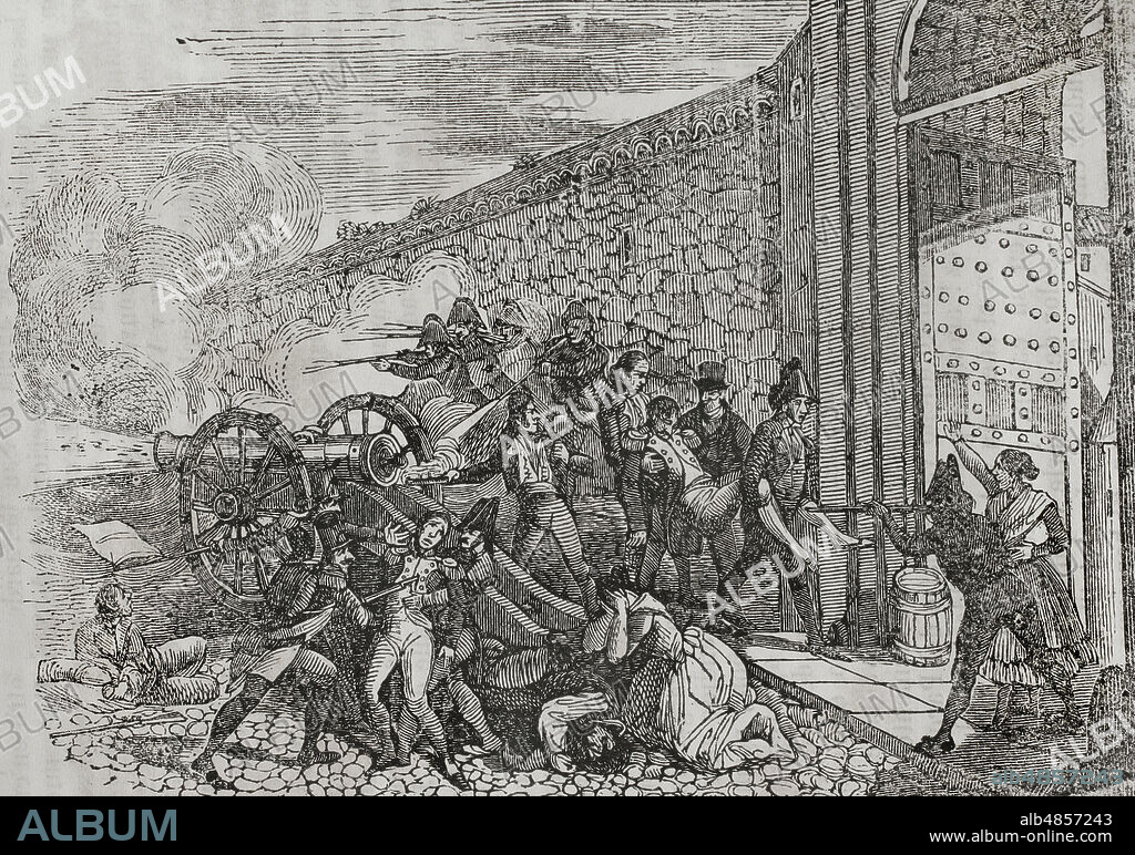 España. Madrid. Levantamiento del 2 de mayo de 1808 contra las tropas francesas. Los oficiales de artillería del cuartel de Monteleón, Luis Daoiz y Torres y Pedro Velarde y Santillán, se unieron al levantamiento. "Muerte de Daoiz y Velarde". Grabado. Historia del Levantamiento, Guerra y Revolución de España, por el conde de Toreno. Madrid,1852.