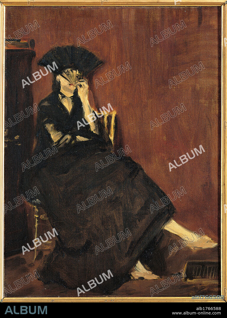 Berthe Morisot with a Fan, by Edouard Manet, 1872, 19th Century, canvas, cm 60 x 45. France, Ile de France, Paris, Muse dOrsay, RF1671. All. Berthe Morisot interior room chair woman dress black fan chest brown.