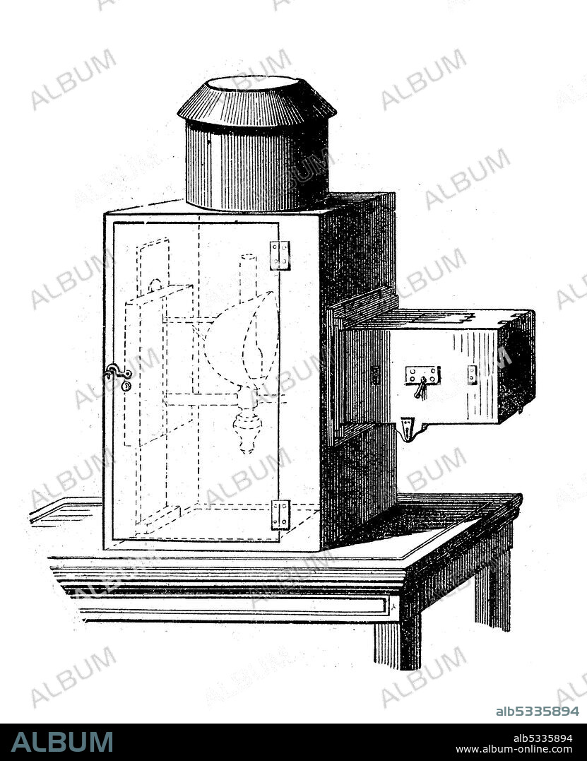 Laterna magica, magic lantern or skiopticon is a projection device that was widespread throughout Europe from the 17th to the 20th century  /  Laterna magica, Zauberlaterne oder Skioptikon ist ein Projektionsgerät, das vom 17. bis ins 20. Jahrhundert hinein in ganz Europa verbreitet war, Historisch, historical, digital improved reproduction of an original from the 19th century / digitale Reproduktion einer Originalvorlage aus dem 19. Jahrhundert,.