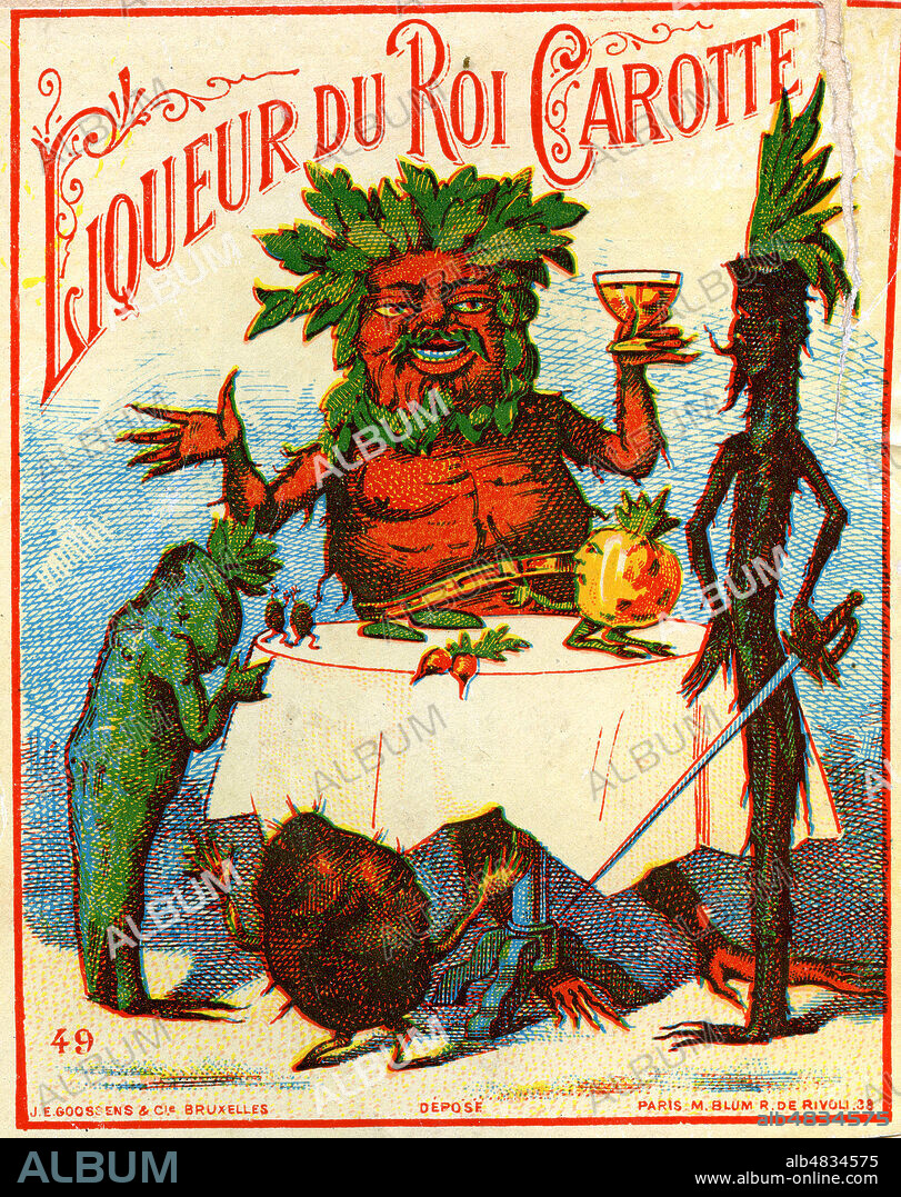 Liqueur du Roi Carotte (d'apres l'opera-bouffe de 1872 par Jacques OFFENBACH (1819-1880) et Victorien SARDOU (1831-1908). Illustration anonyme pour une etiquette de bouteille de liqueur de 1872. Credit : Collection IM/Kharbine-Tapabor.