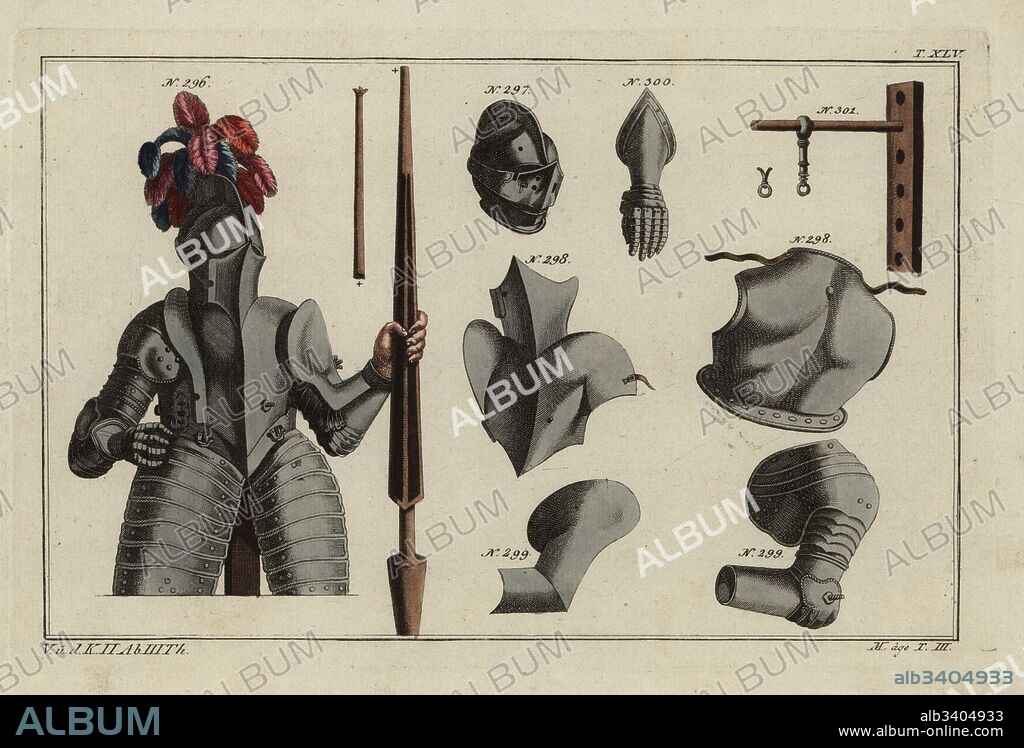 Complete suit of armour with helm and lance 296, helm 297, breatplate 298, shoulder armour 299, armoured glove 300 and pole and ring for the ring joust 301. Taken from Antoine de Pluvinel's L'Instruction du Roy en l'exercise de monter a cheval, 1668. Handcoloured copperplate engraving from Robert von Spalart's Historical Picture of the Costumes of the Principal People of Antiquity and of the Middle Ages, Chez Collignon, Metz, 1810.