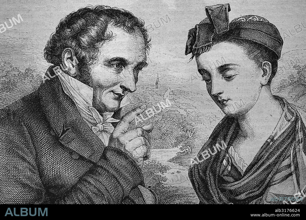 Johann peter hebel, 1760 - 1826, poet, and breneli, actually veronica rohre, 1779 - 1869, probably his mistress, historical woodcut, circa 1870.