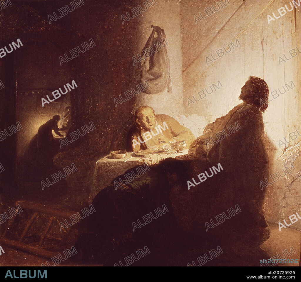 REMBRANDT HARMENSZOON VAN RIJN. LA CENA EN EMAUS - 1629 - OLEO/TABLA - 37,5 x 42,5 cm - BARROCO HOLANDES.