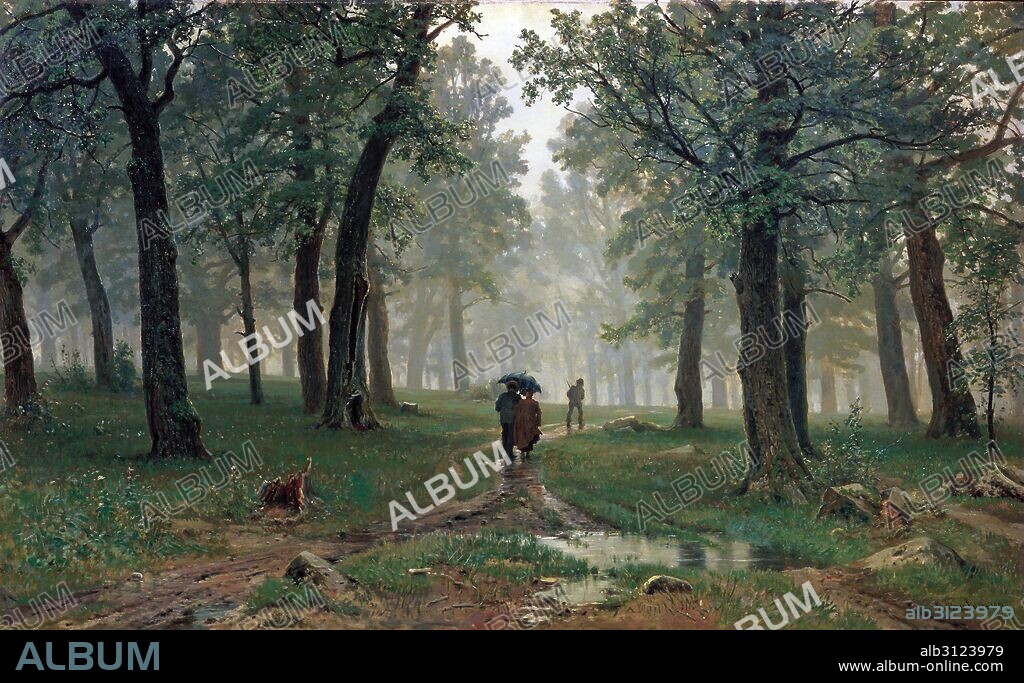 Painting by Ivan Shishkin (1832-1898) Russian landscape painter closely associated with the Peredvizhniki movement, titled 'Rain in an Oak Forest'. Dated 1891.