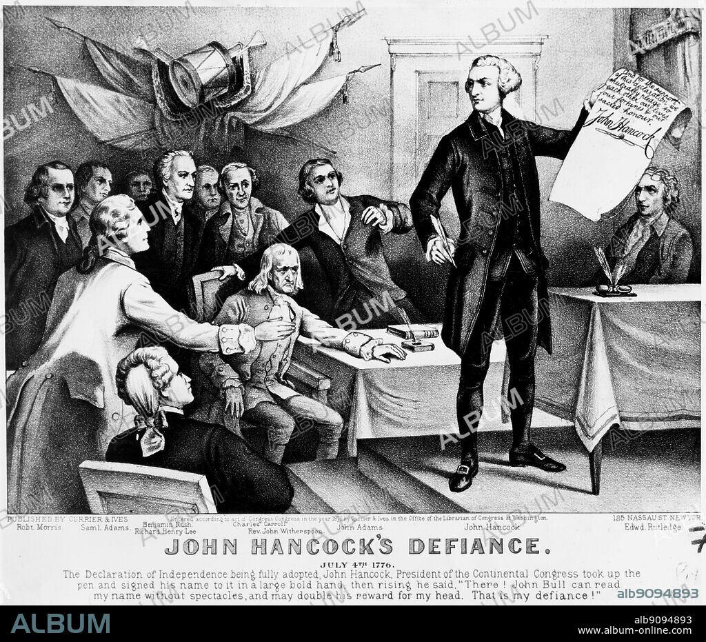 USA: 'John Hancock's Defiance', July 4th 1776. The Declaration of Independence being fully adopted, John Hancock the President of teh Continental Congress took up pen and signed his name to it in a large bold hand, then rising he said, "There! John Bull can read my name without spectacles and may double his reward for my head. That is my defiance!".