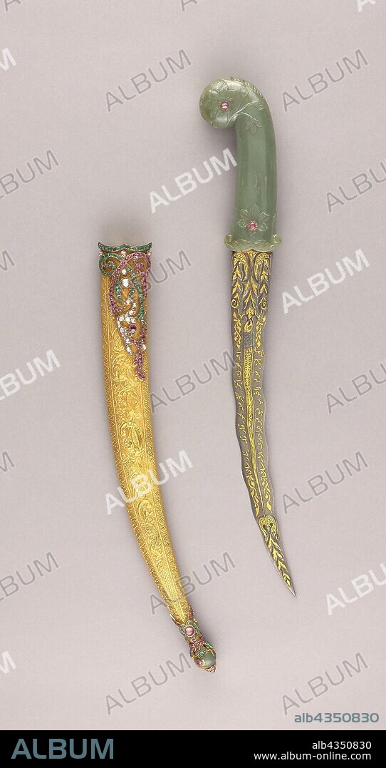 Dagger (Khanjar) with Scabbard, 18th/19th century, Blade, Iranian, dated 1128 Hejira (A.D. 1715), Ottoman Turkish, Dahestan, Steel, gold, and jewels, L. 45.8 cm (18 in.).