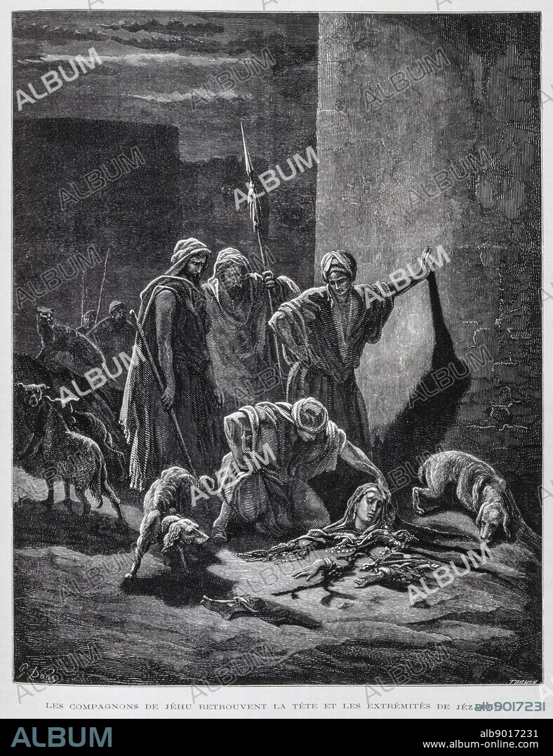 Remains of Queen Jezebel after she was thrown from the palace windows, Illustration from the Dore Bible 1866. In 1866, the French artist and illustrator Gustave Dore (18321883), published a series of 241 wood engravings for a new deluxe edition of the 1843 French translation of the Vulgate Bible, popularly known as the Bible de Tours. This new edition was known as La Grande Bible de Tours and its illustrations were immensely successful.