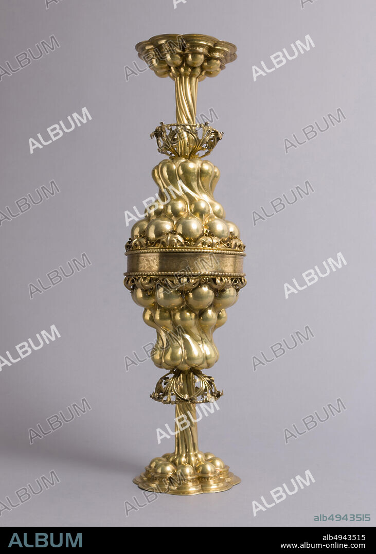Mattheus Epfenhauser, Double Cup, German, Mattheus Epfenhauser (German), 1574/1575, Made in Nuremberg, German, Silver gilt, silver medallions, Overall: 20 1/2 x 5 7/8 in. (52.1 x 15 cm), cup (a): 10 11/16 x 5 7/8 in. (27.1 x 14.9 cm), cup (b): 10 3/4 x 5 7/8 in. (27.3 x 15 cm), diameter of base (a & b): 5 1/8 in. (13 cm), diam. of medallion (a): 1 7/16 in. (3.6 cm), diam. of medallion (b): 1 3/8 in. (3.5 cm), Metalwork-Silver.