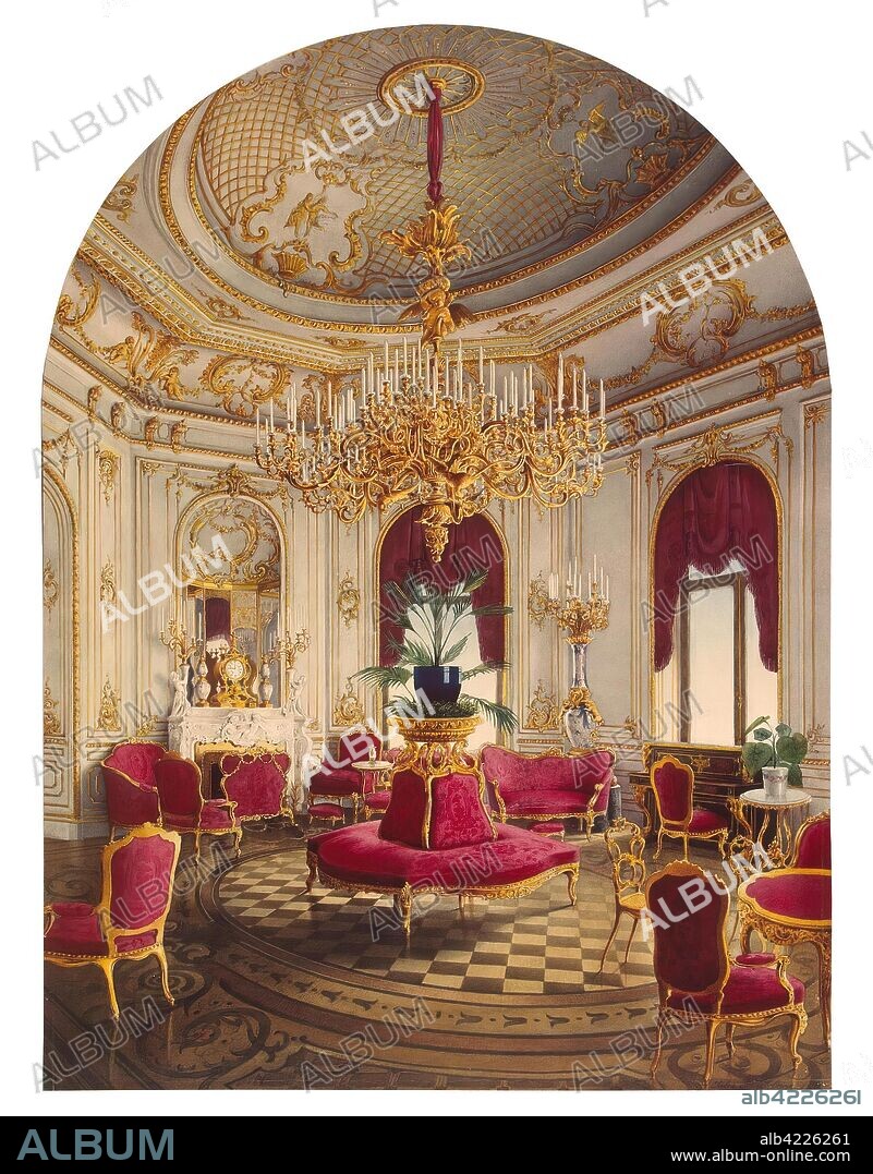 JULES MAYBLUM. 'Palace of Count P. S. Stroganov. Corner Room'. Album "11 Sergievskaya Street, St Petersburg", 13 watercolours; stamped red morocco binding. Russia, Mid-19th century. Dimensions: 55,5x41 cm.