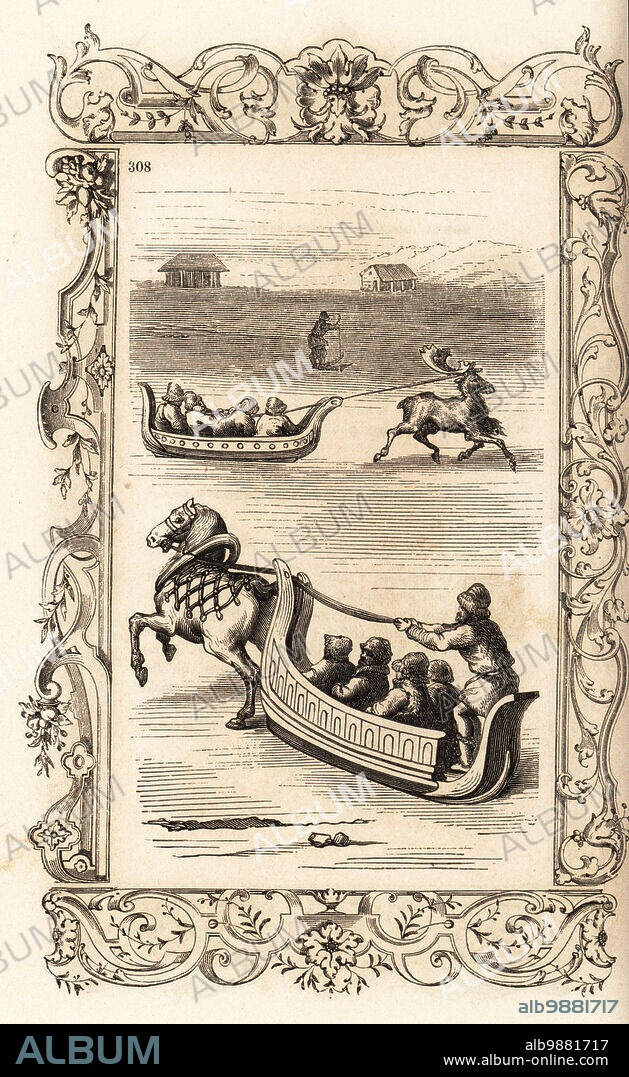 Carriages (sledges) for travel in the Far North, 16th century. Finns and Lapps riding sleighs drawn by horse or reindeer. A Fenni man on long wooden shoes like skis in the background. Chars (traineaux) pour voyager dans les pays du Nord. Within a decorative frame engraved by H. Catenacci and Fellmann. Woodblock engraving by Gerard Seguin and E.F. Huyot after a woodcut by Christoph Krieger from Cesare Vecellios 16th century Costumes anciens et modernes, Habiti antichi et moderni di tutto il mondo, Firman Didot Ferris Fils, Paris, 1859-1860.