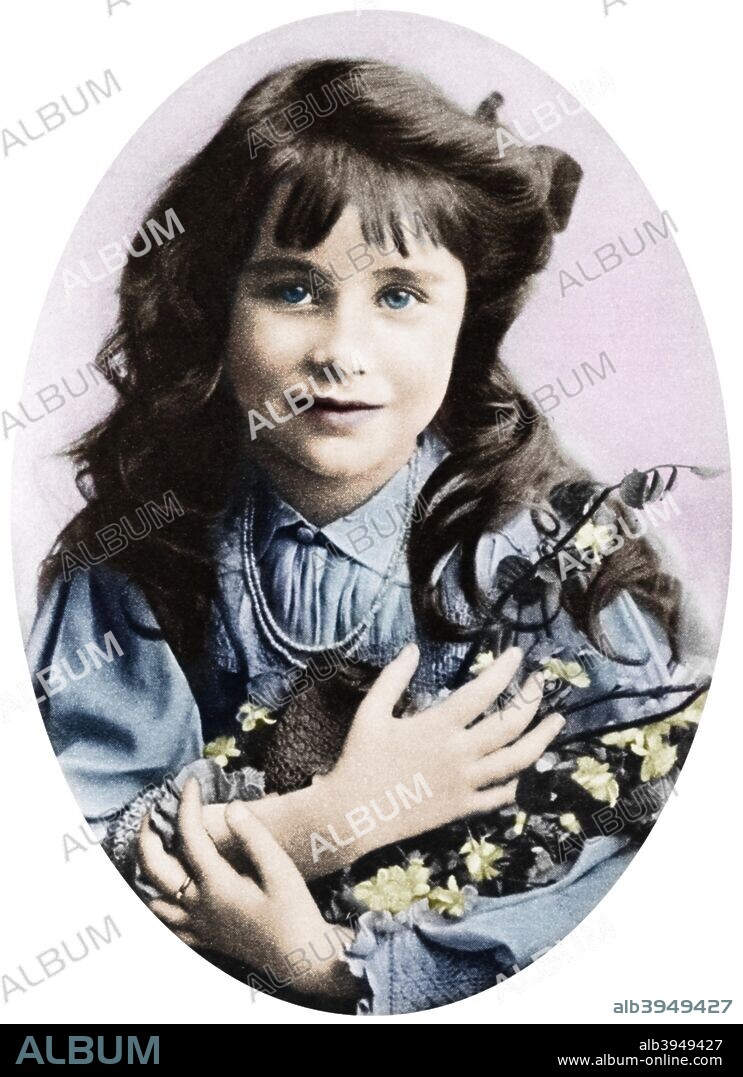 The Queen Mother at seven years old, 1907 (1937). Lady Elizabeth Bowes-Lyon (1900-2002) became the mother of Queen Elizabeth II. Illustration from the "Illustrated London News: Coronation Record Number", (London, 1937). (Colorised black and white print).