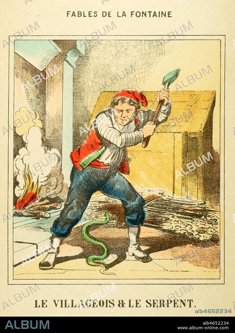 Le villageois et le serpent par Jean de LA FONTAINE (1621-1695). Illustration anonyme Imagerie Pellerin a Epinal. Credit: Collection Jonas/Kharbine-Tapabor.