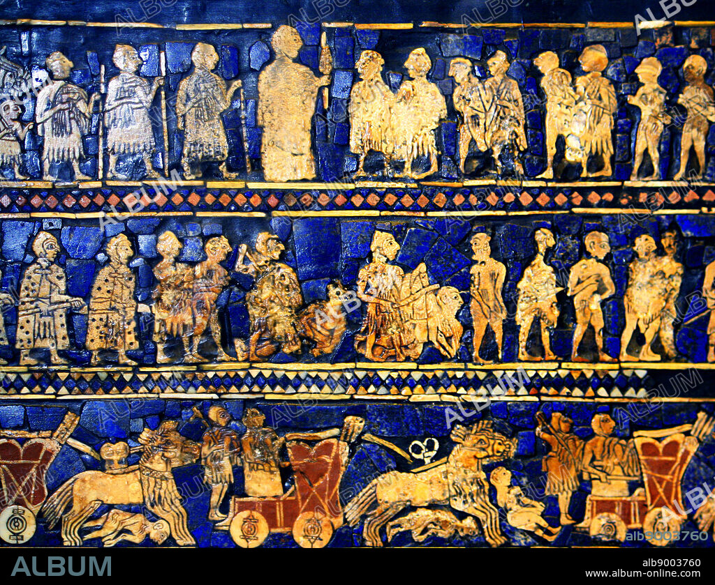 From the Standard of Ur (Peace side). Sumerian artefact (circa 2600 BC) excavated from the royal tomb in the city of Ur in the 1920's. South of what is now Baghdad in Iraq. It is an historical account of ancient warfare, and shows a king, subjects, musicians, soldiers and animals.