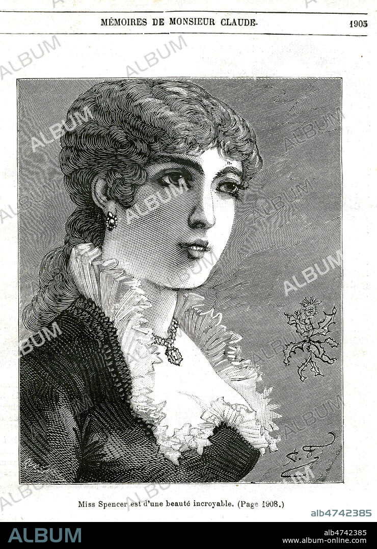 'Miss Spencer est d'une beaute incroyable'. Tres belle jeune anglaise, tres habile pickpocket. Memoires de Monsieur Claude, chef de la police de surete sous le Second Empire - Jules Rouff, 1884 - gravure sur bois p. 1905. Illustration par A.FERDINANDUS. Credit : Jean Vigne / KHARBINE-TAPABOR.
