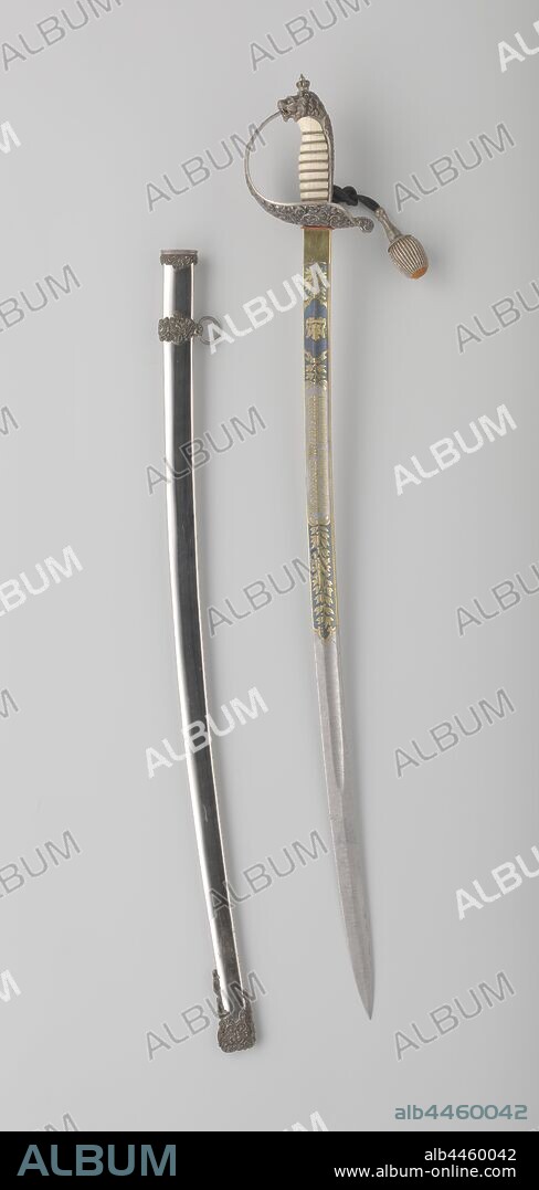 Eresabel with scabbard from H. Colijn, Eresabel awarded on behalf of Queen Wilhelmina to the then 1st Lieutenant of the Infantry KNIL H. Colijn. The saber has a silver hilt whose baffle plate is decorated with floral motifs. The ivory handle is wrapped with twisted silver thread and a handle cap that ends in a hilt knob in the shape of a crowned lion's head. A dragon or sable brush hangs from the hilt. The blade is partly blued and etched in relief with the text Queen Wilhelmina for shown prowess // 1st Lieutenant of the Infantry H. Colyn. Aceh, June-December 1899. The sheath is made of German silver and has drag-plate and bands decorated with floral motifs and a single ring. A custom-made box is part of the honorary saber., Aceh, Hendrikus Colijn, anonymous, Netherlands, 1900, kling, gevest, kwast, l 107 cm l 104 cm l 91 cm l 87.5 cm × w 3 cm l 18.5 cm l 3.8 cm.