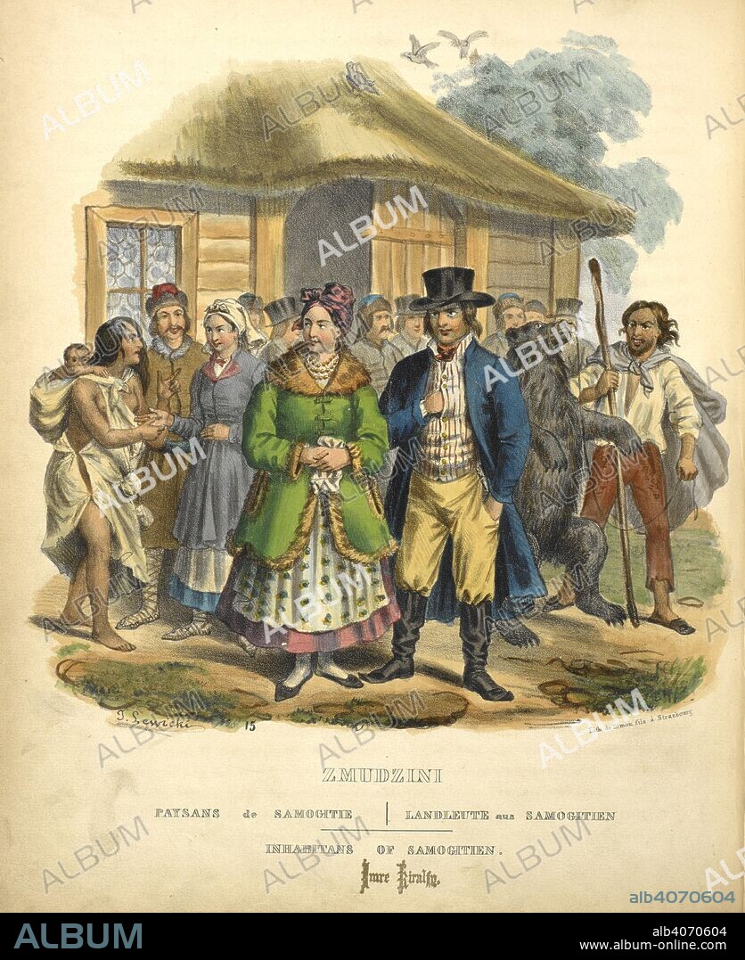 LEON ZIENKOWICZ and J LEWICKI. Inhabitants of Samogitien. A group of (Lithuanian) people gathered outside a house. Two well dressed people in front, and peasants behind them. A dancing bear can be seen. Les Costumes du peuple polonais, suivis d'une description exacte de ses mÅ“urs, de ses usages et de ses habitudes: Ouvrage pittoresque. Paris, 1841. Source: 7744.dd.5 plate 23 opposite page 65.
