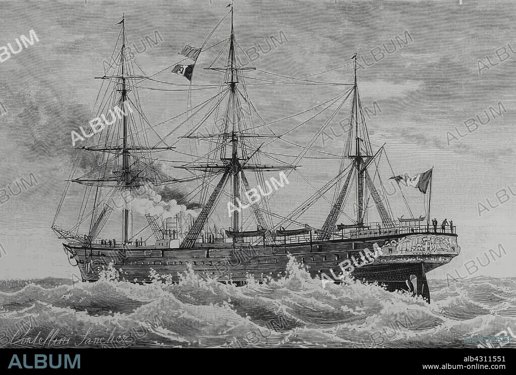 Regia Marina. Marina Militar del Reino de Italia. El Yacht Real "Saboya", crucero de la Armada Nacional. Dibujo por Cortellini Sánchez. Grabado por Tomás Carlos Capuz (1834-1899). La Ilustración Española y Americana, 8 de septiembre de 1883.