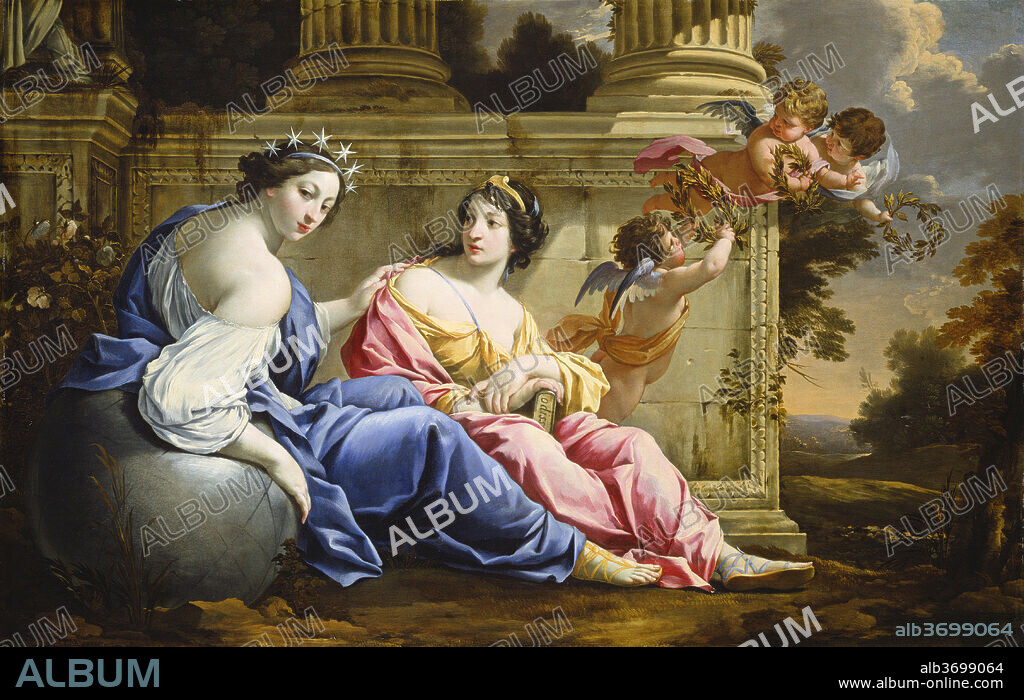 SIMON VOUET AND STUDIO. The Muses Urania and Calliope. Dated: c. 1634. Dimensions: overall: 79.8 x 125 cm (31 7/16 x 49 3/16 in.)  framed: 105.4 x 150.2 x 10.2 cm (41 1/2 x 59 1/8 x 4 in.). Medium: oil on wood.