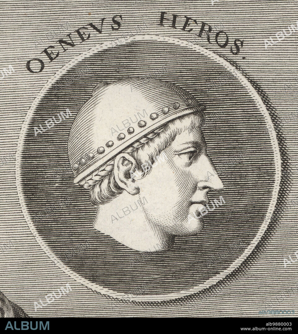 King Oeneus of Calydon in helmet. In Greek myth, he introduced wine-making to Aetolia and hosted the Calydonian boar hunt. Oeneus Heros. Copperplate engraving after an illustration by Joachim von Sandrart from his LAcademia Todesca, della Architectura, Scultura & Pittura, oder Teutsche Academie, der Edlen Bau- Bild- und Mahlerey-Kunste, German Academy of Architecture, Sculpture and Painting, Jacob von Sandrart, Nuremberg, 1675.