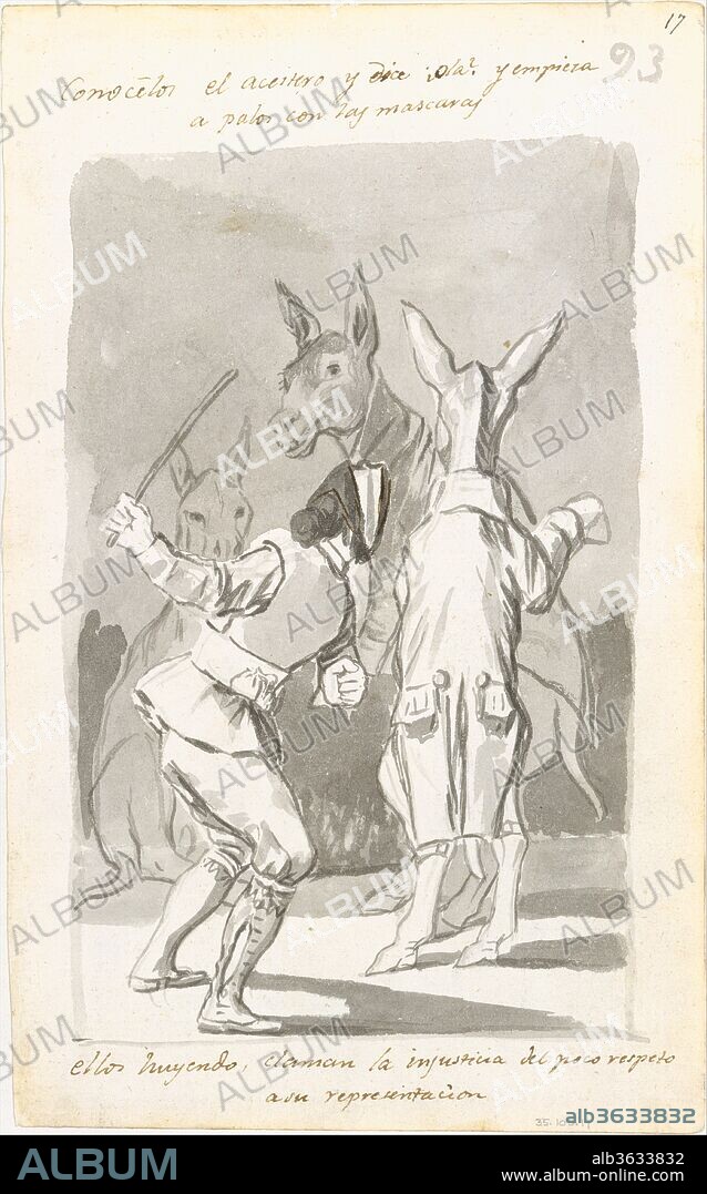 Masquerading asses being whipped by a man; folio 93 (recto) from the Madrid Album 'B'. Artist: Goya (Francisco de Goya y Lucientes) (Spanish, Fuendetodos 1746-1828 Bordeaux). Dimensions: Sheet: 9-1/4 x 5-3/4 in. (23.5 x 14.61cm). Date: 1796-97.