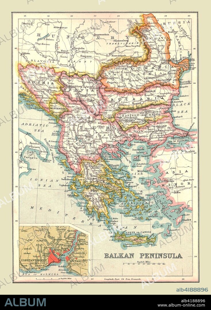Map of the Balkan Peninsula, 1902. Showing Bosnia, Servia (Serbia), Romania, Bulgaria, and Turkish-occupied Greece, with inset of Constantinople (Istanbul). From The Century Atlas of the World. [John Walker & Co, Ltd., London, 1902].