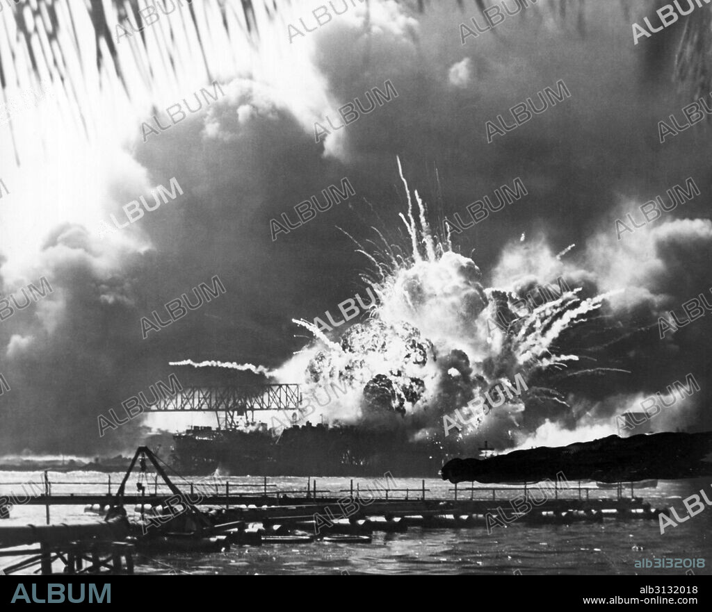 Pearl Harbor, Hawaii:  December 7th, 1941 The USS Shaw at the moment of the destroyer's magazine explosion at Pearl Harbor.
